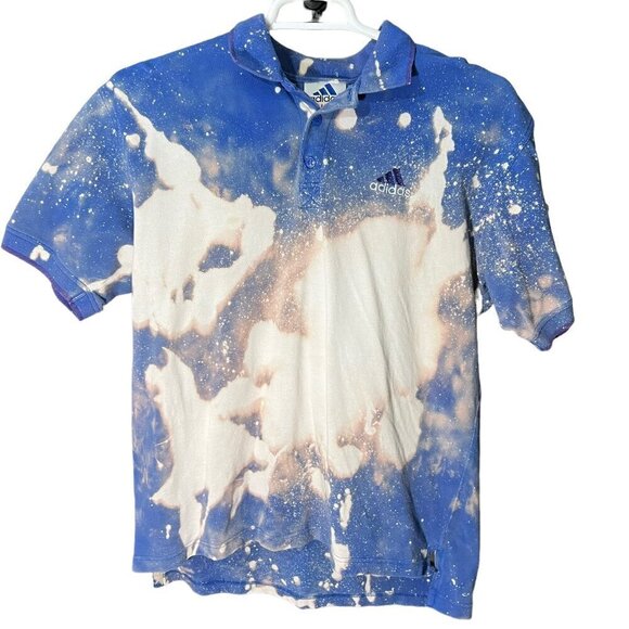 y2k Adidas Polo Shirt Reworked Bleach Bomb Embroidered Logo Blue Men's L - Picture 1 of 5